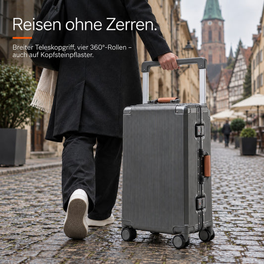 Reisender zieht den anthrazitfarbenen Koffer mit Aluminiumrahmen über Kopfsteinpflaster