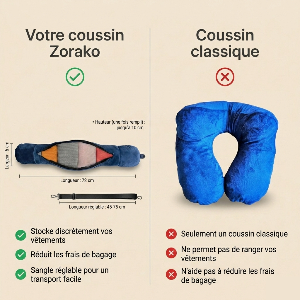 Zorako™ Coussin Voyage Malin – Anti Frais Bagage & Confort Ultime