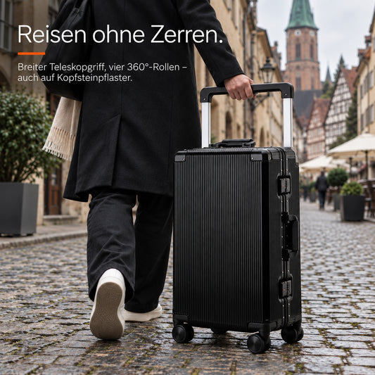 Reisender zieht den schwarzen Koffer mit Aluminiumrahmen über Kopfsteinpflaster