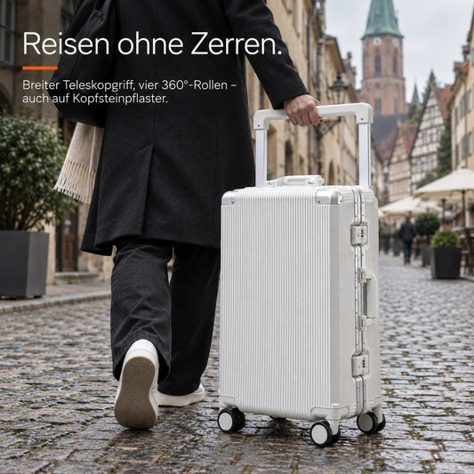 Reisender zieht den weißen Koffer mit Aluminiumrahmen über Kopfsteinpflaster