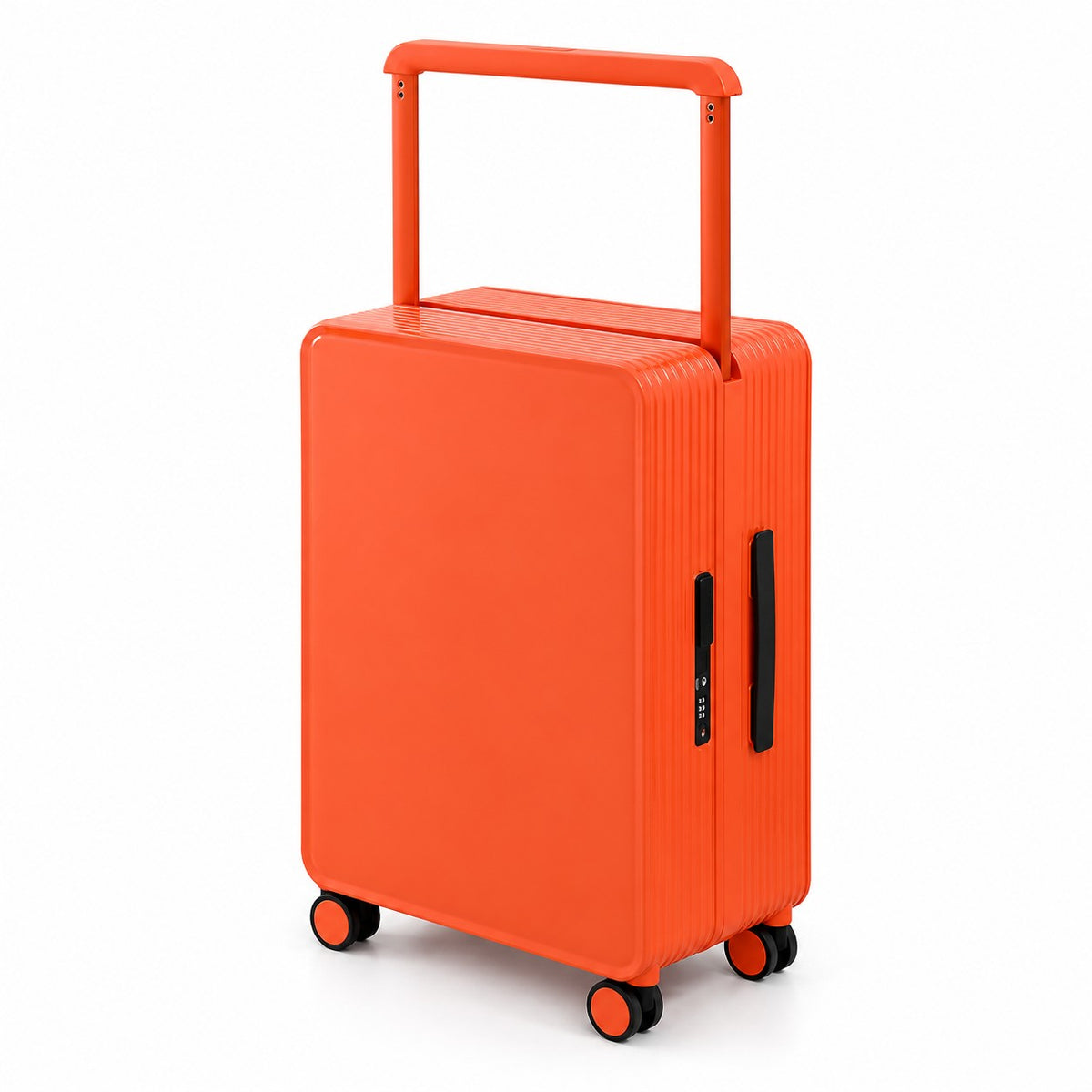 Koffer mit breitem Griff in Orange mit ausgezogenem Teleskopgriff