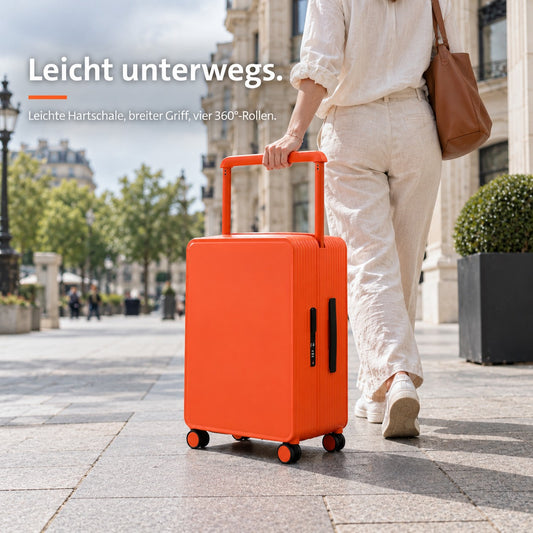 Reisende zieht den orangefarbenen Koffer mit breitem Griff durch die Stadt