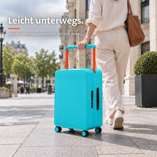 Reisende zieht den türkisfarbenen Koffer mit breitem Griff durch die Stadt
